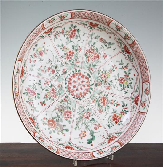 A Chinese famille verte dish, Kangxi period, 35cm, slight wear